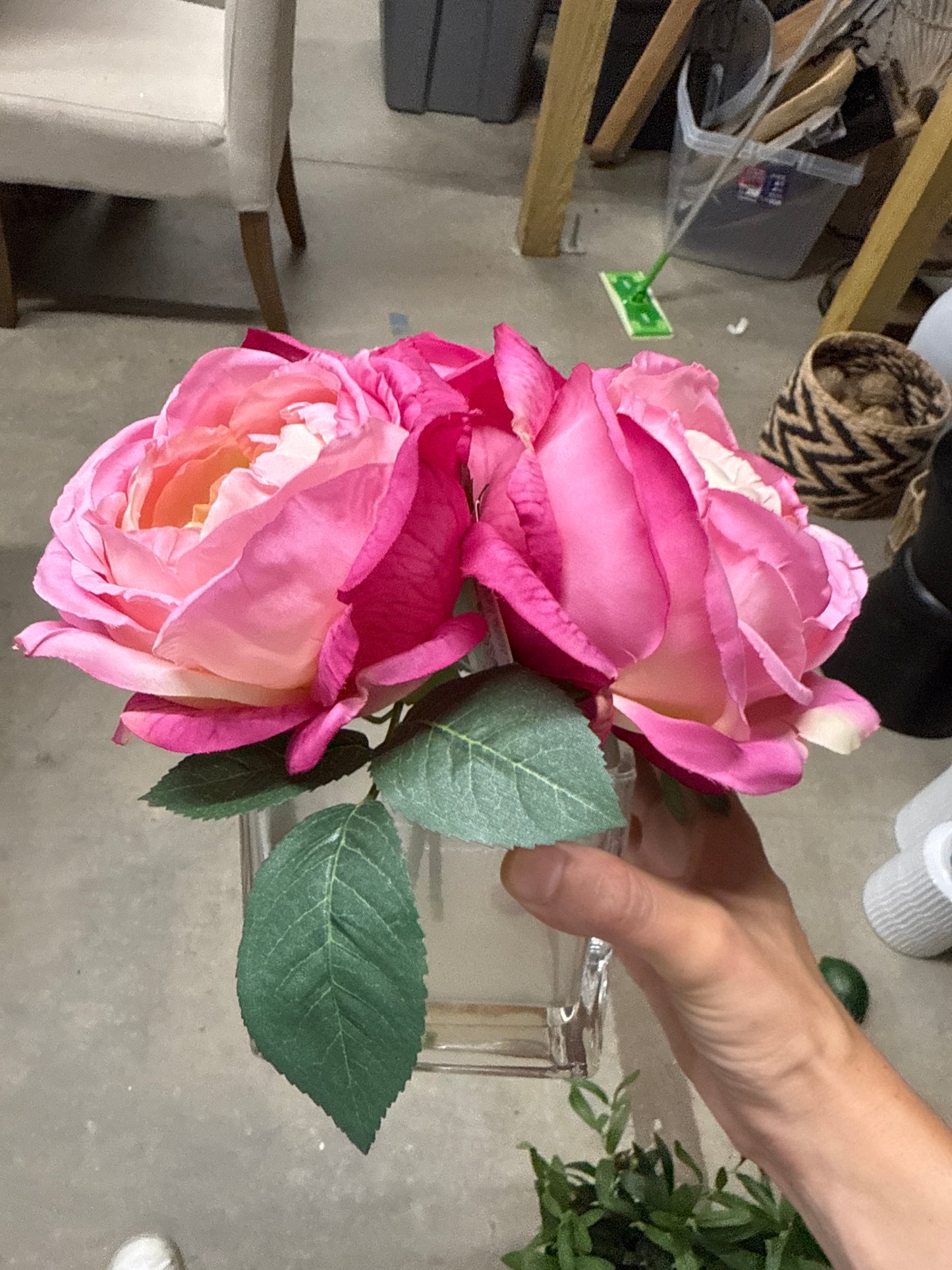 Faux Pink Roses - Clear Acrylic Vase