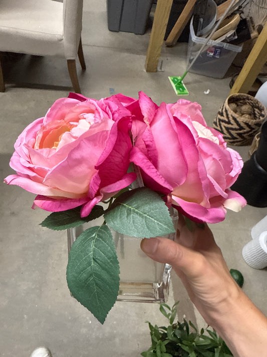 Faux Pink Roses - Clear Acrylic Vase