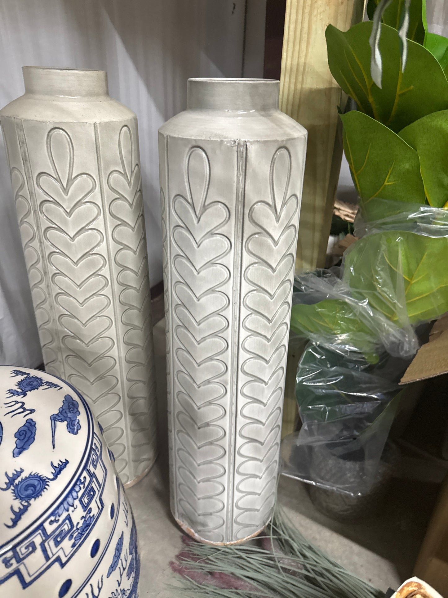 Tall Gray Ceramic Vase - Embossed Leaf Pattern (Set of 2)