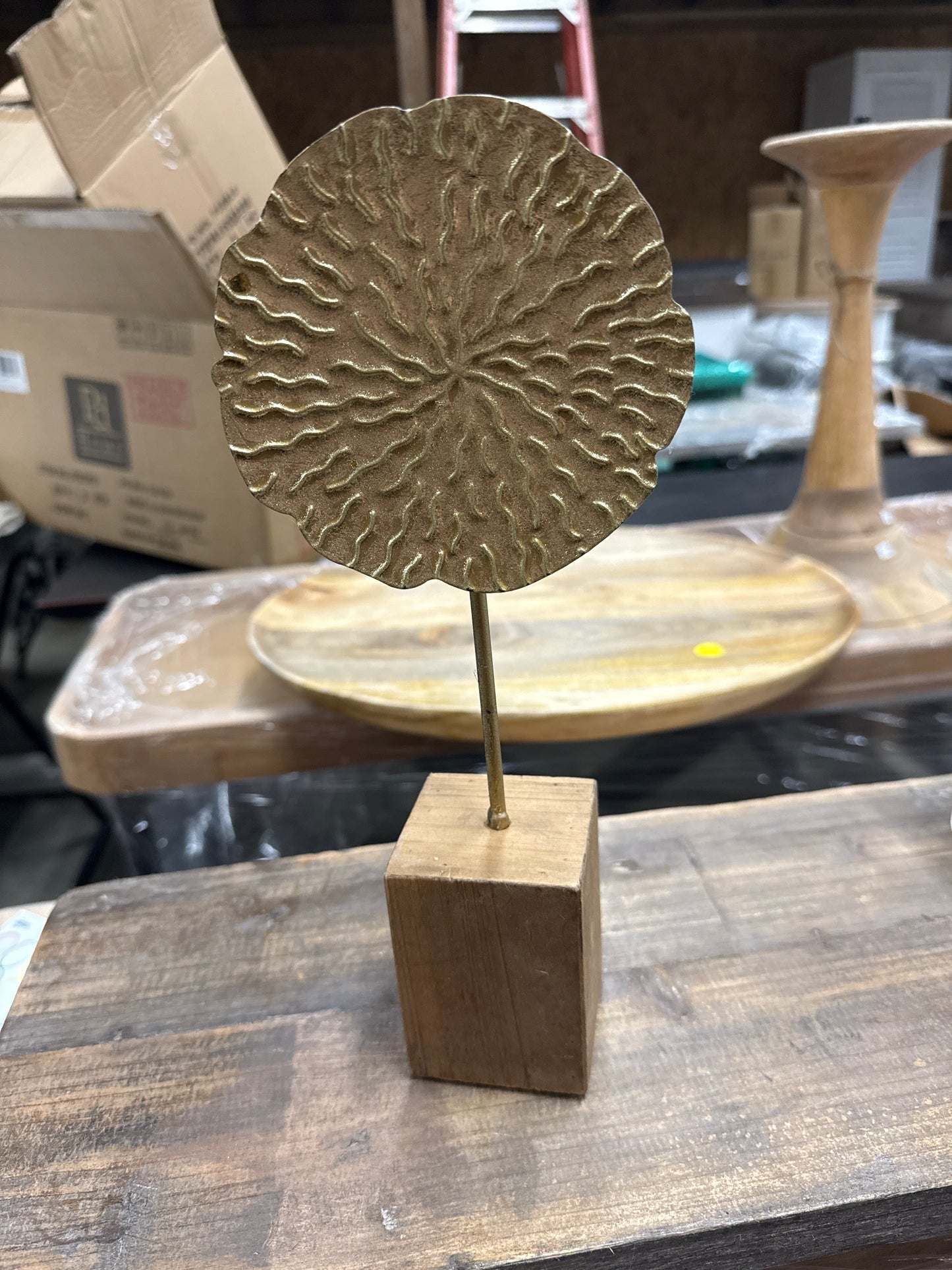 Gold Lotus Leaf Sculpture on Wood Base