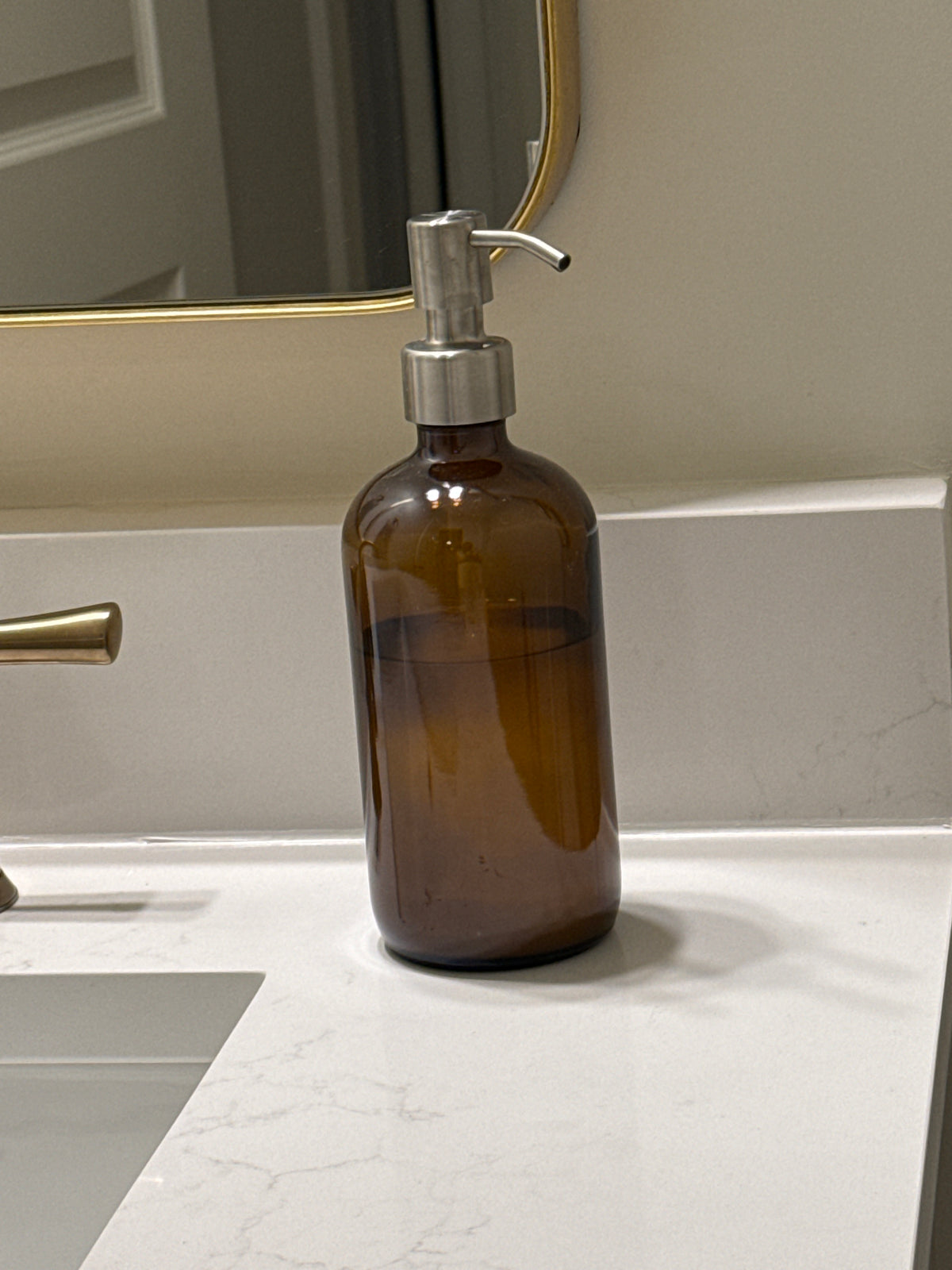 Brown Glass and Chrome Soap Dispenser