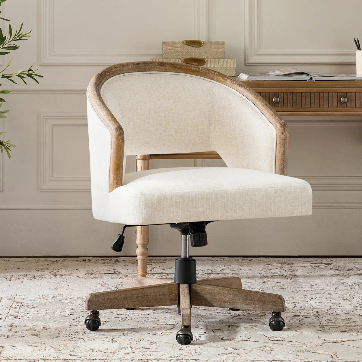 white Modern Farmhouse 360° Swivel Solid Wood Office Chair with Adjustable Height