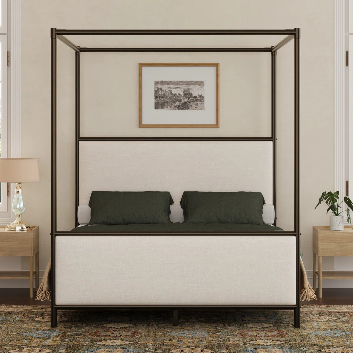 Brass Canopy Platform Bed With Linen Upholstered Headboard
