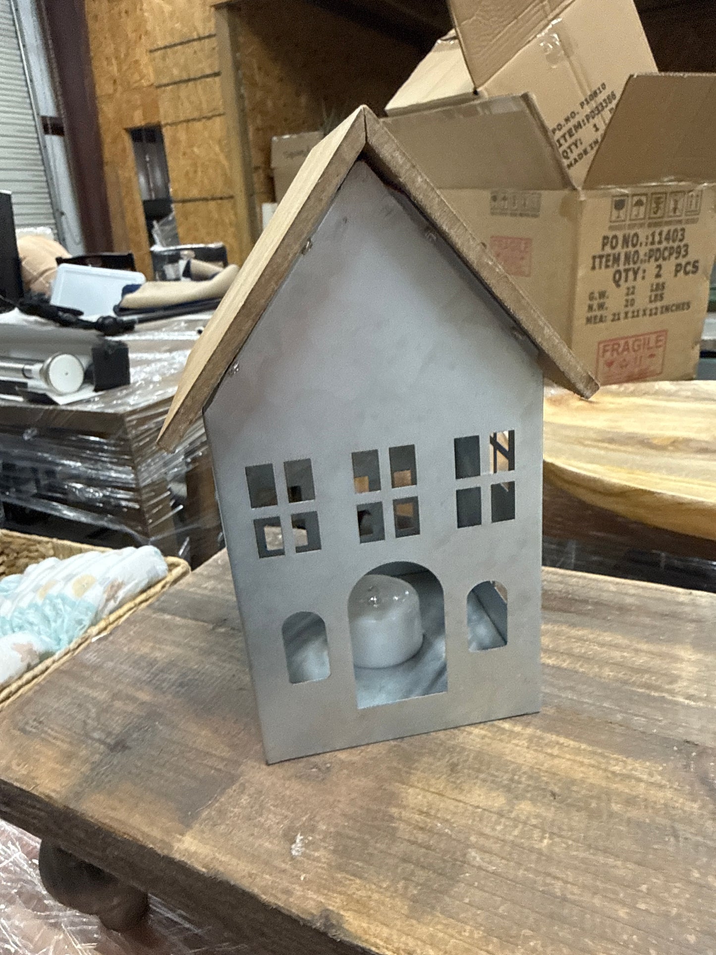 Gray Metal House Candle Lantern