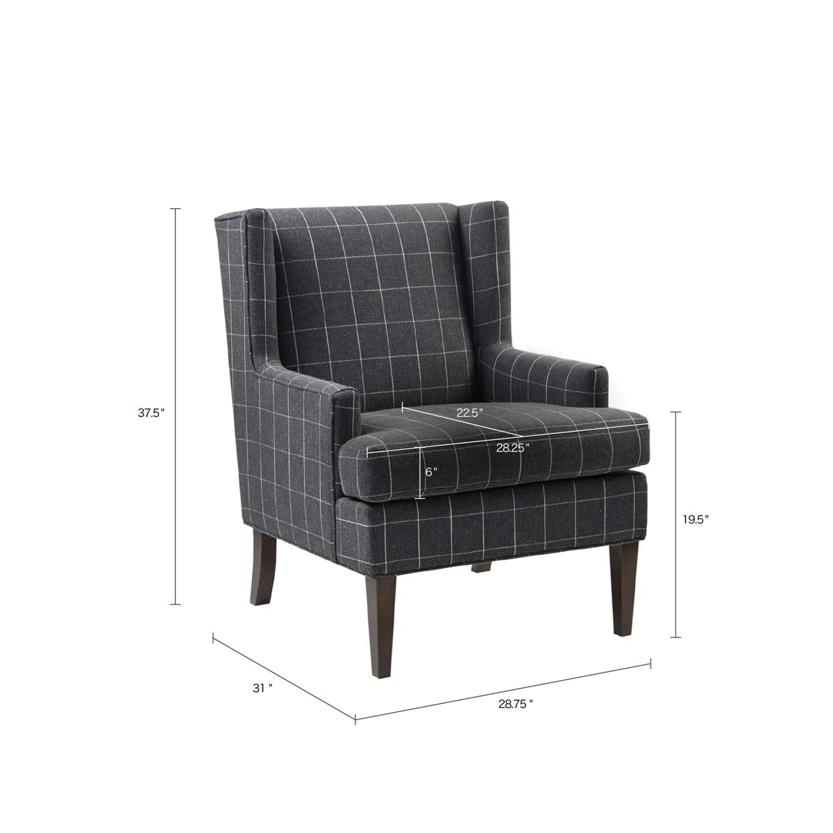 Charcoal Windowpane Wingback Armchair