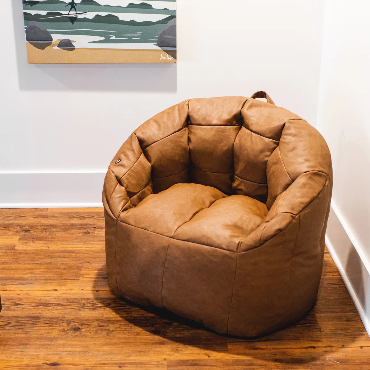 Caramel Leather Big Joe Milano Vegan Leather Bean Bag Chair with Massage Function