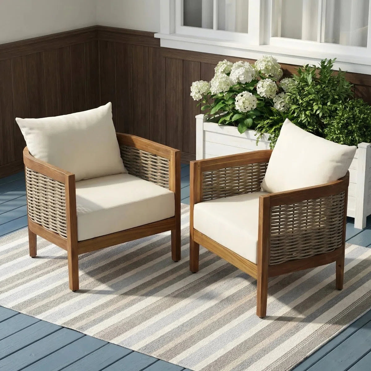 Boling Outdoor Acacia Wood Club Chairs with Cushions (Set of 2)