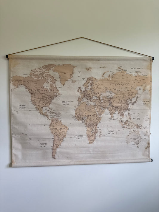 Cream Linen World Map Scroll Artwork