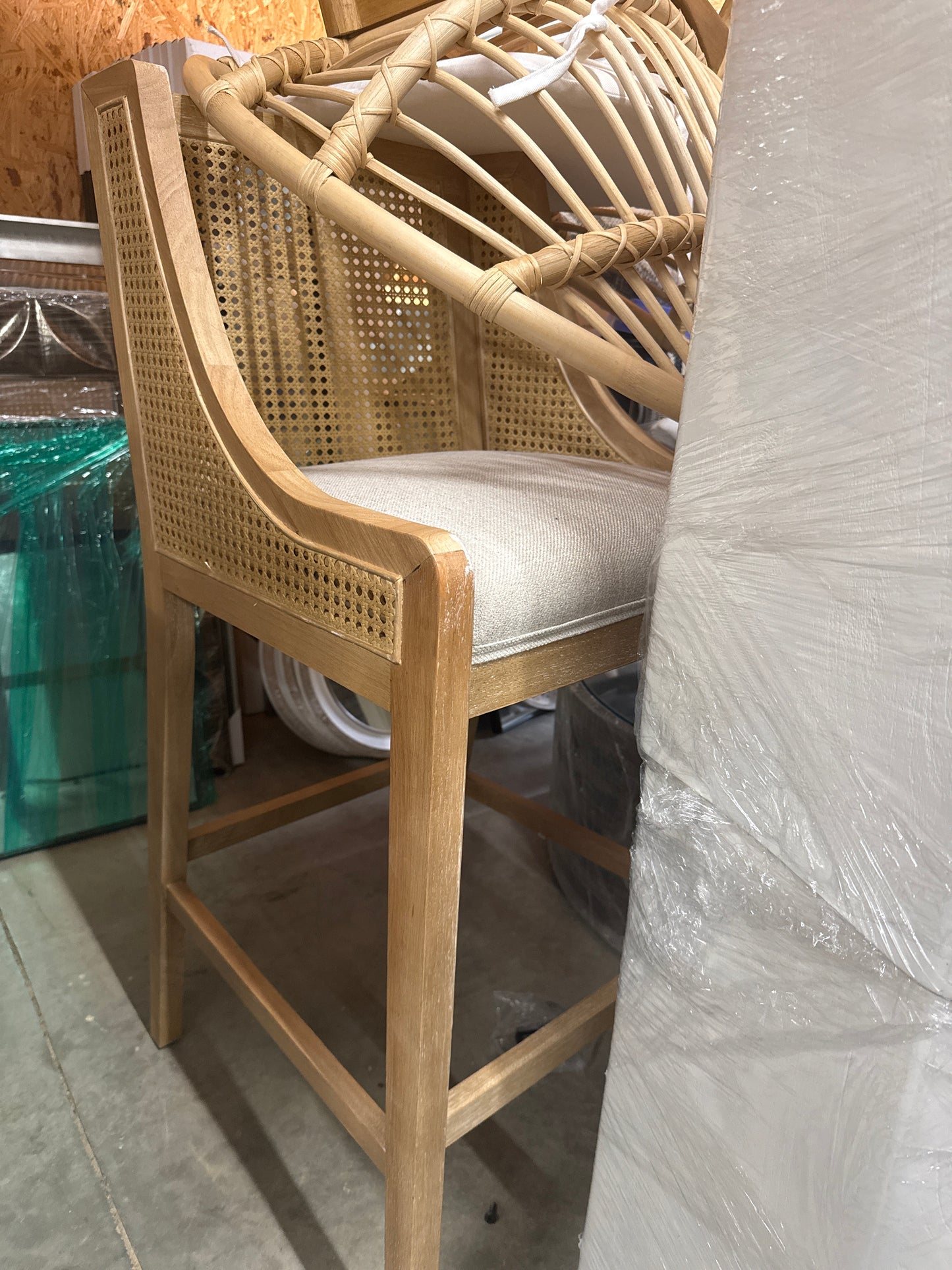 Cane & Wood Barstool with Linen Seat