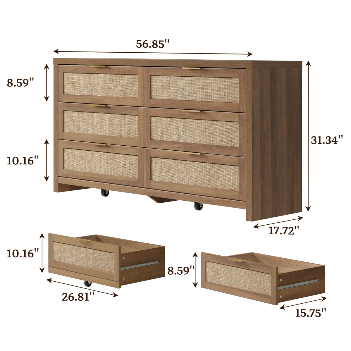 Chada Rattan 6 Drawer 56.85" Wide Dresser With Ample Storage