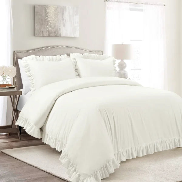 White Ruffle Cotton Duvet Cover - Queen