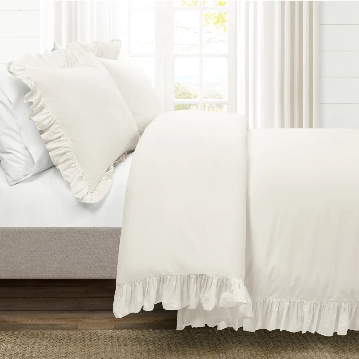 White Ruffle Cotton Duvet Cover - Queen
