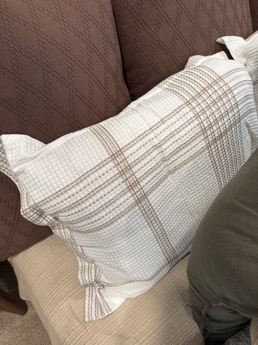 White with Brown Lined Waffled Sham + Pillow