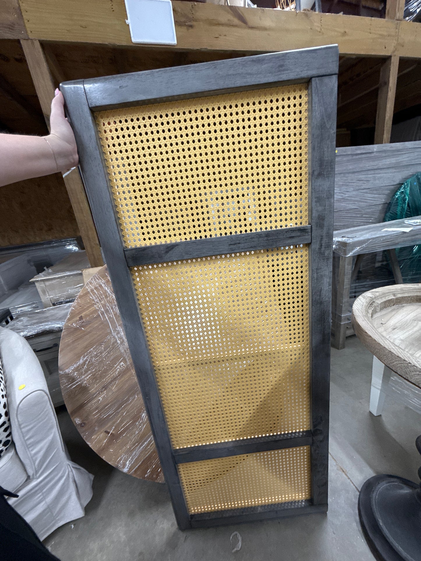 Queen Gray Wood Frame Cane Panel Headboard