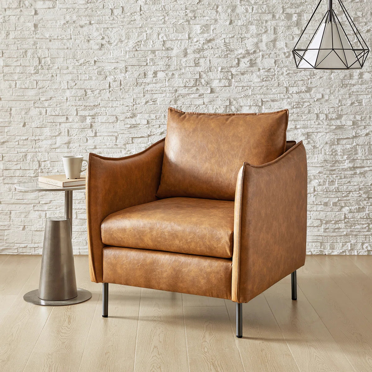 Camel Leather Armchair with Unique Arms