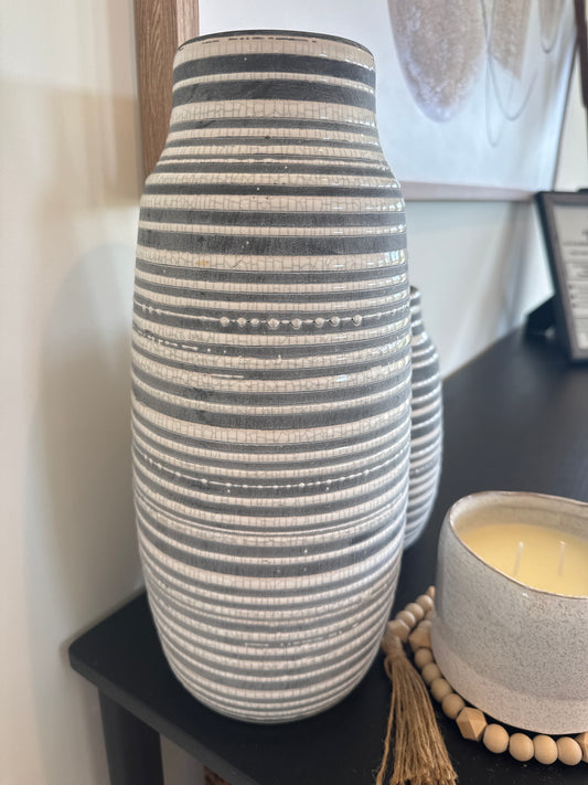 Tall Gray Concrete Vase with White Stripe