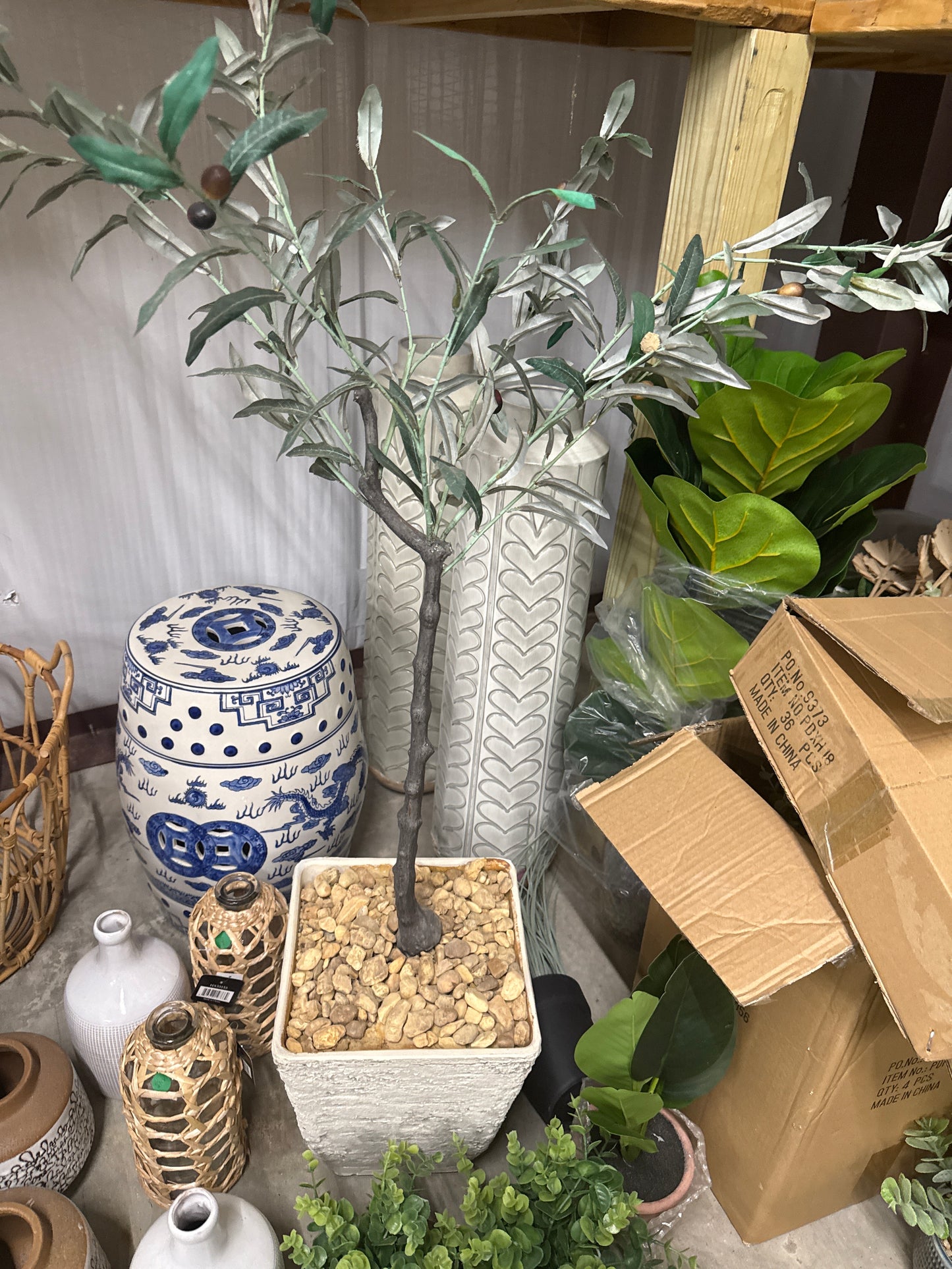 Faux Olive Tree - Square White Textured Pot with River Rocks
