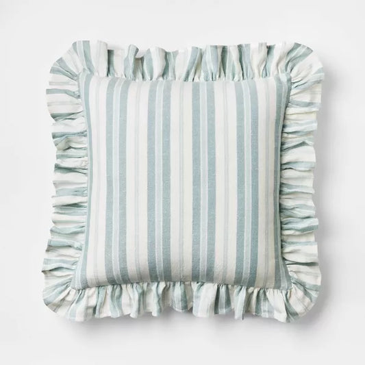 Square Woven Stripe Throw Pillow with Ruffle Blue/Ivory
