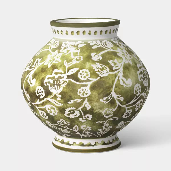 Short Floral Painted Ceramic Vase Green