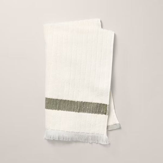 Textured Stripe Terry Hand Towel with Fringe Green/Cream