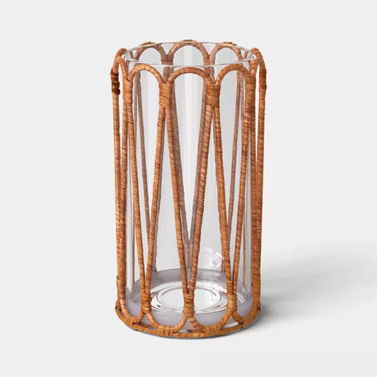 Short Rattan Wrapped Hurricane Candle Holder