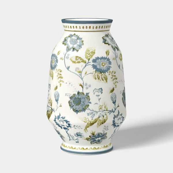 Tall Floral Painted Ceramic Vase Blue/Green