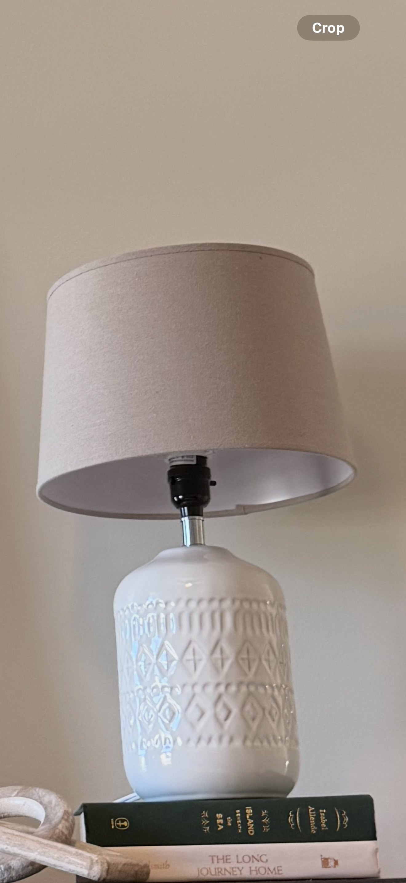 White Ceramic Pattern Lamp w/ Natural Shade