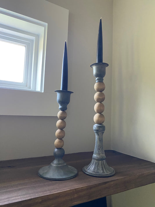 Wood Bead and Metal Candle Holders - Set of 2