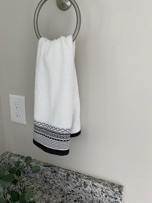 Black Embroidered White Hand Towel