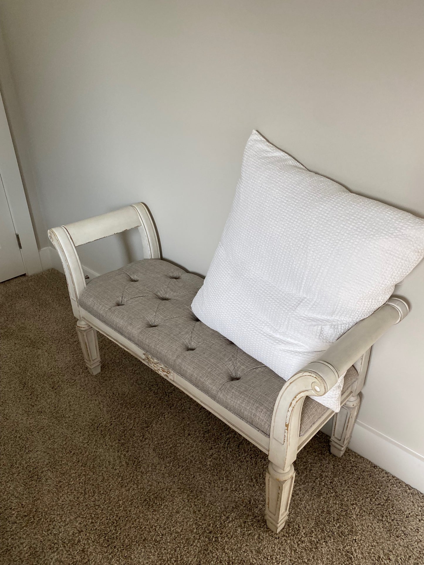 Antique White Bench with Linen Cushion