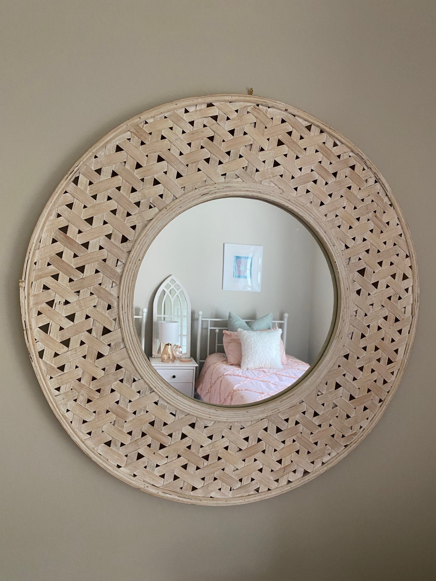 Round White Wicker Mirror