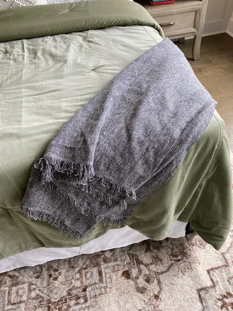 Gray Fringed Throw Blanket