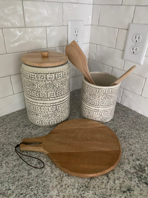 Gray Tribal Utensil Holder with Wooden Utensils