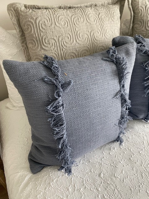 Blue Fringed Burlap Throw Pillow