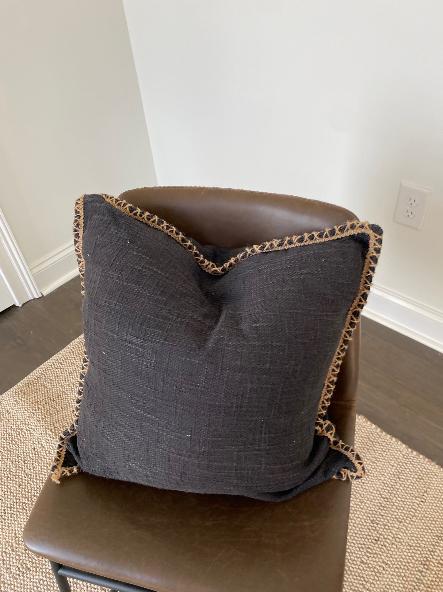 Black Throw Pillow with Burlap Edging