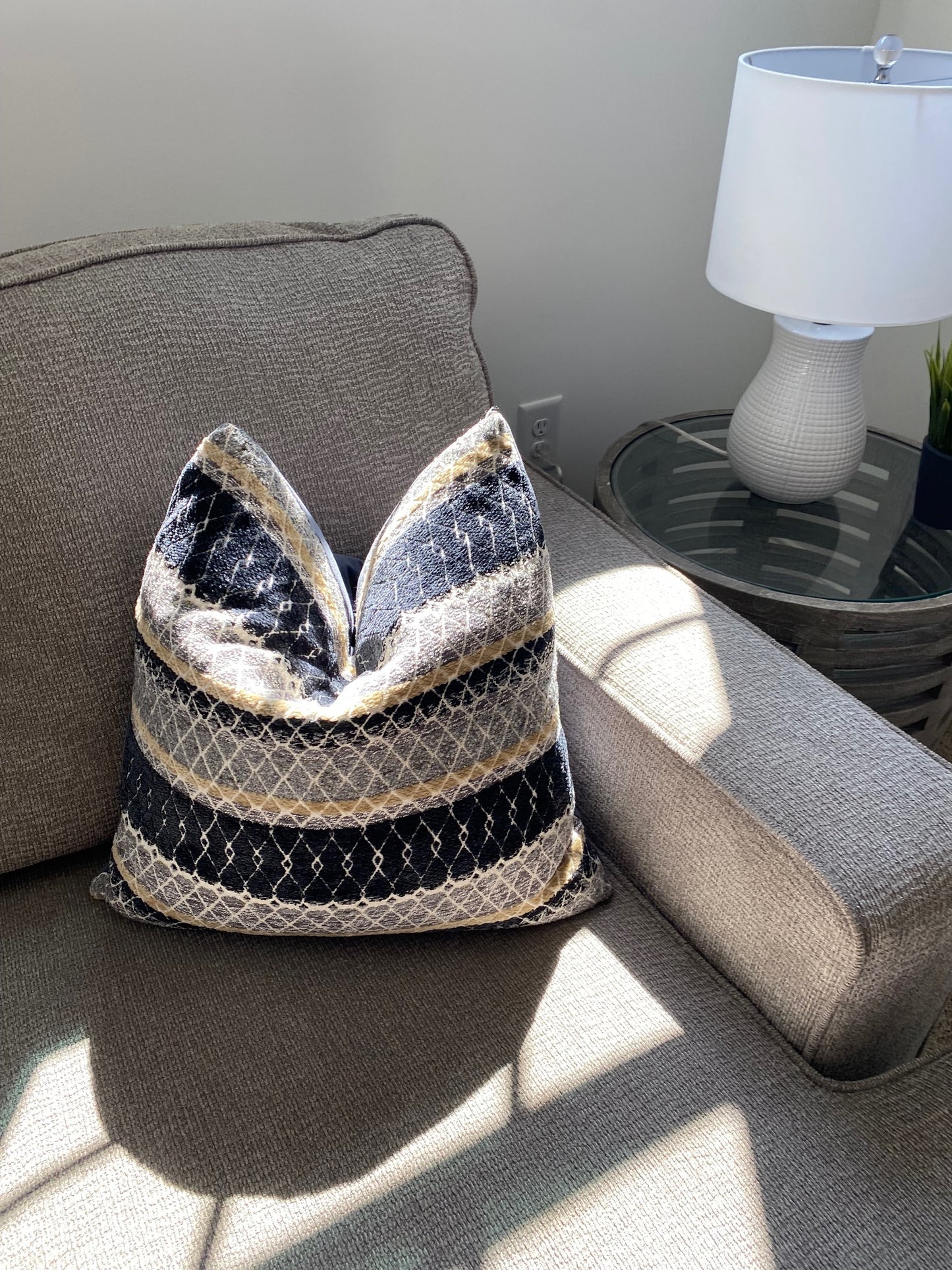 Blue, Gray and Yellow Striped Throw Pillows