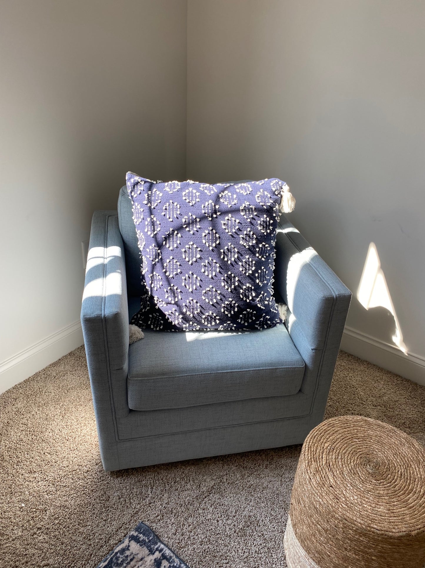 Navy Throw Pillow with White Embroidery