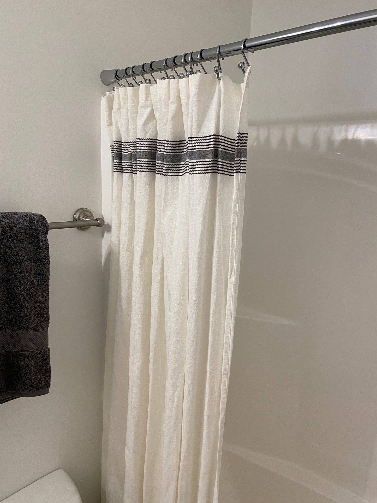 Fringed White Shower Curtain with Gray Stripe