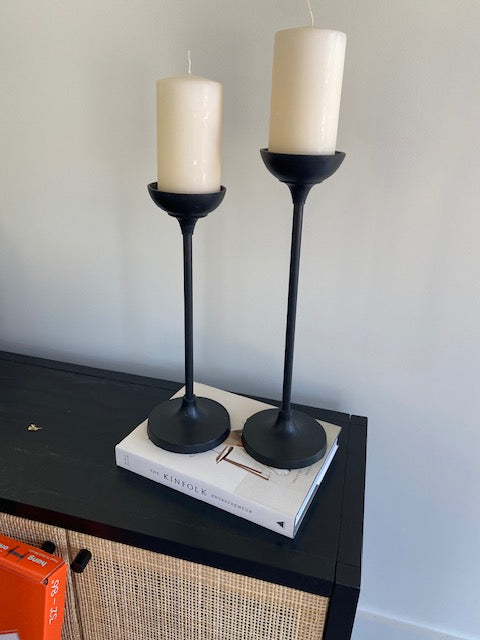 Black Candlestick and Pillar Candles Set