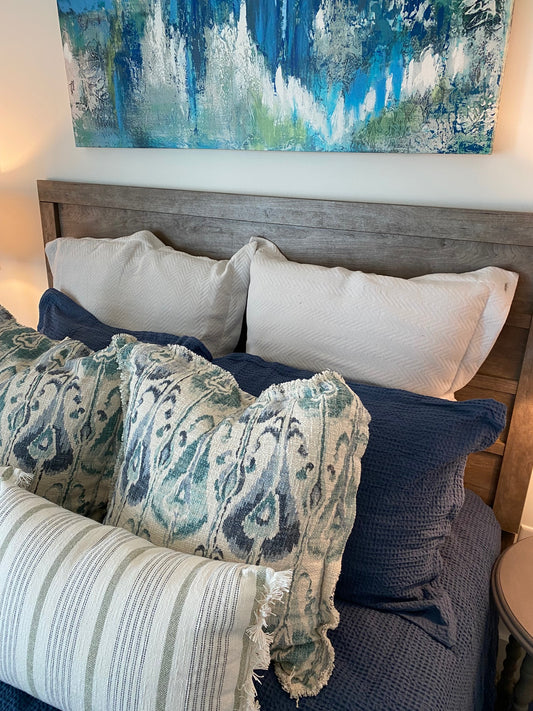 Queen Standard Pillows in Navy Waffle Shams