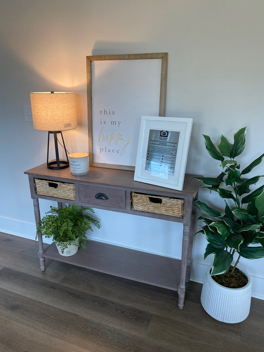 Painted Wood Console Table with Wicker Accents