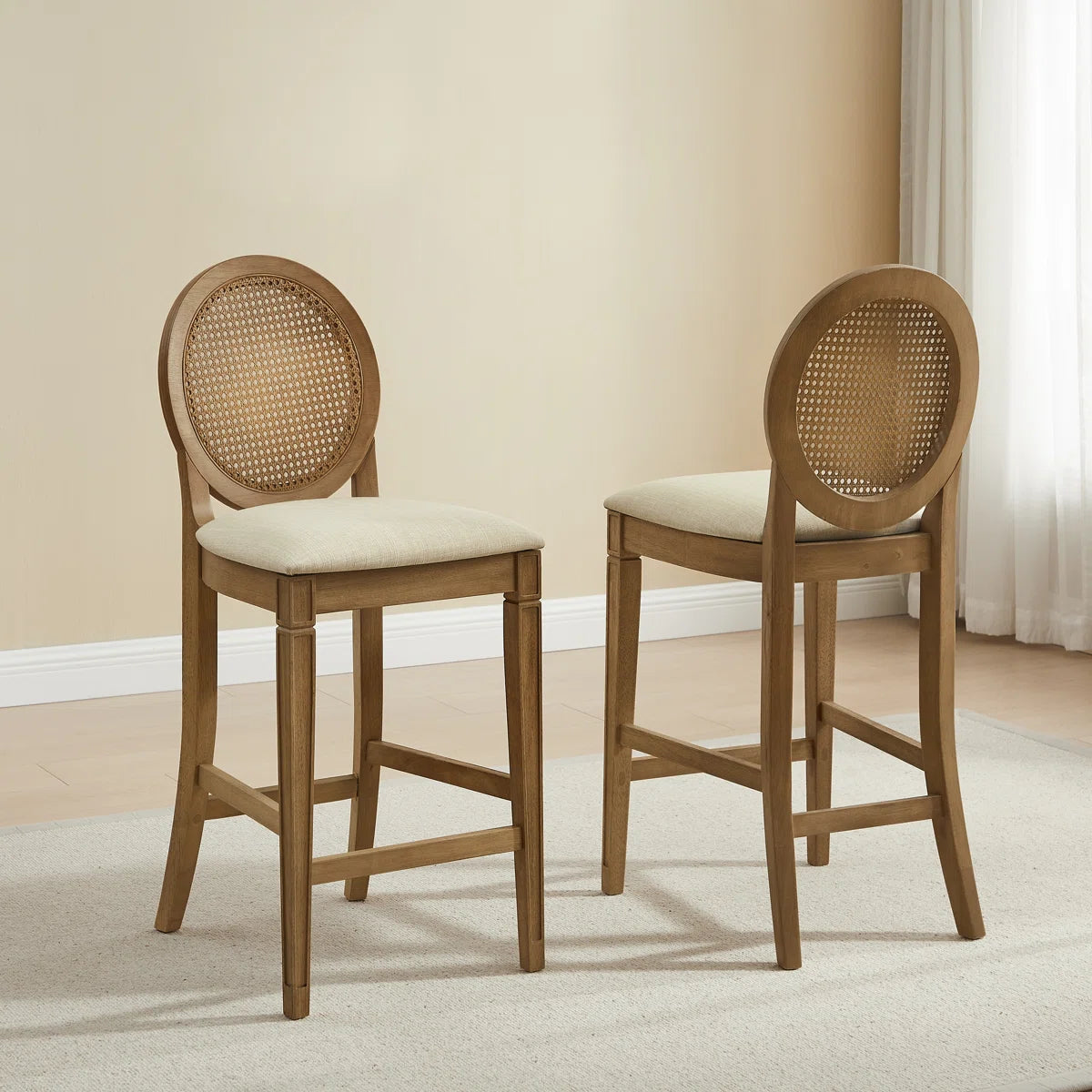 Brown and Cream 2-piece Upholstered Cane-back Counter Stool Set (Set of 2)