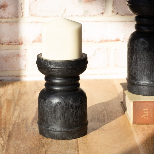 Black Wood Pillar Candle Holder - 6"