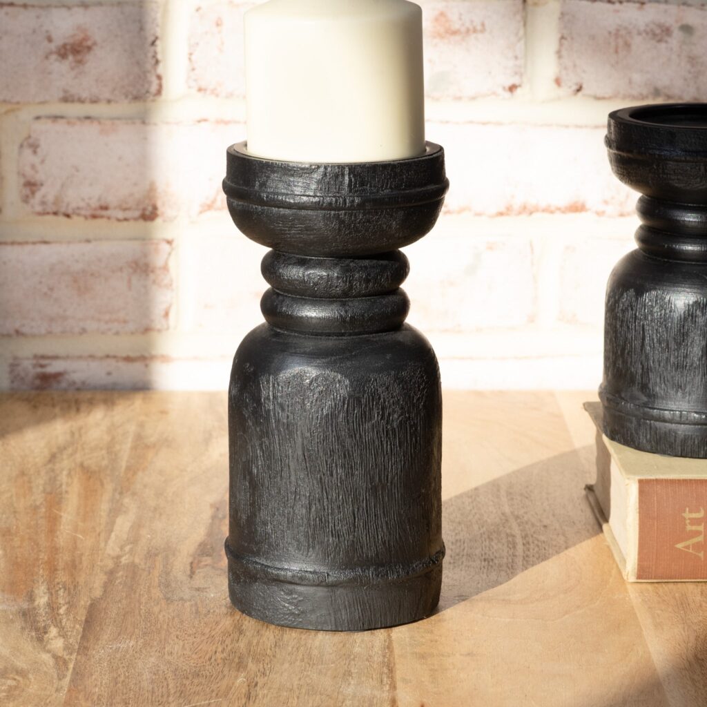 Black Wood Pillar Candle Holder - 8"