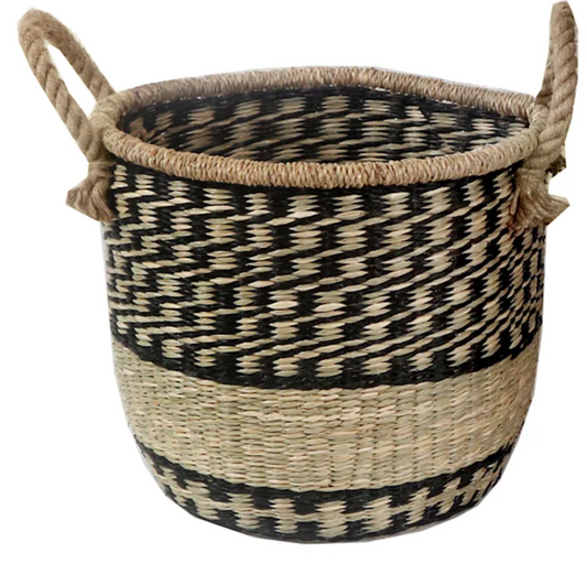 Handled Black Pattern Wicker Basket