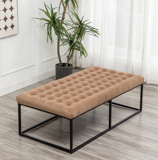 Wide Button Tufted Metal Ottoman