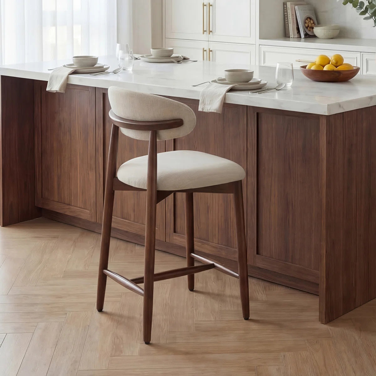 Beige Upholstered Counter Stool with Solid Wood Frame (Set of 2)