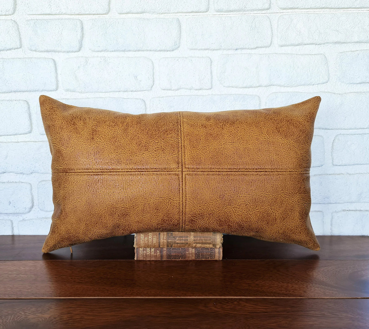 Stitched Vegan Leather Lumbar Pillow Cover: Zen Camel