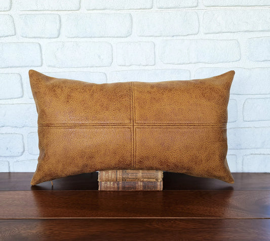 Stitched Vegan Leather Lumbar Pillow Cover: Zen Camel