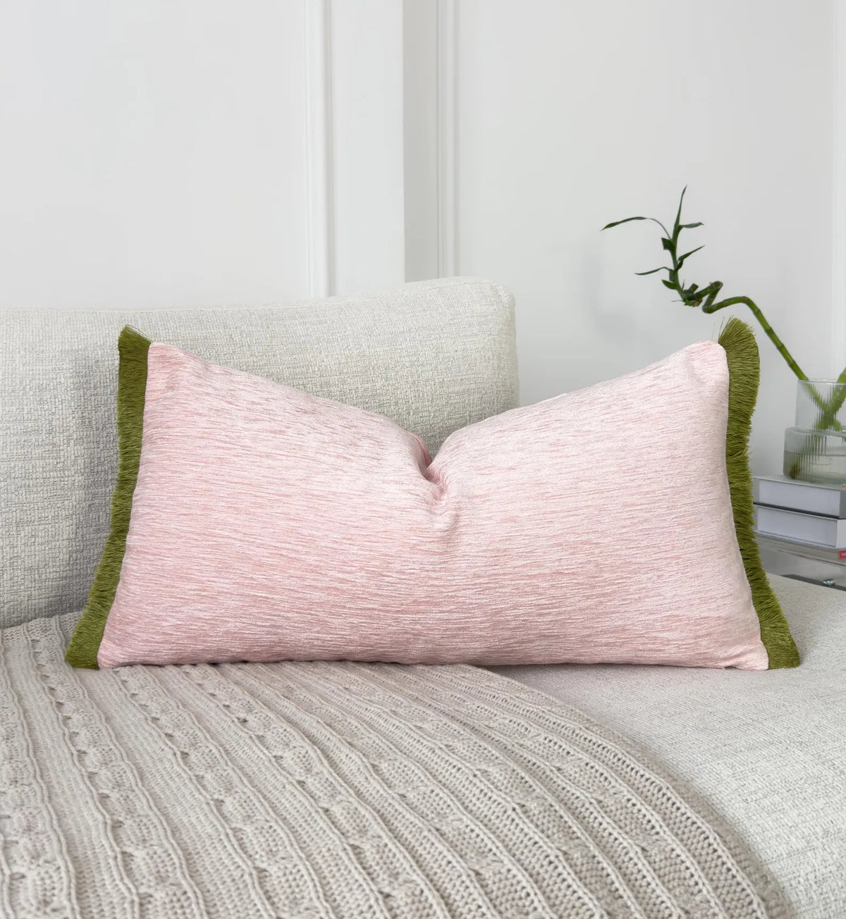 Chenille Pink Pillow Cover with Moss Green Fringe